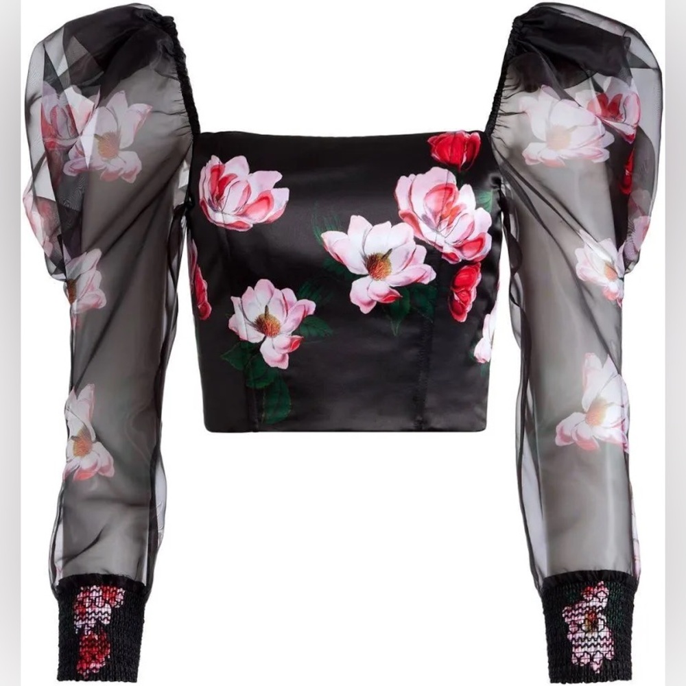 Alice + Olivia Floral Puff Sleeve Sheer Crop Top - Picture 3 of 11